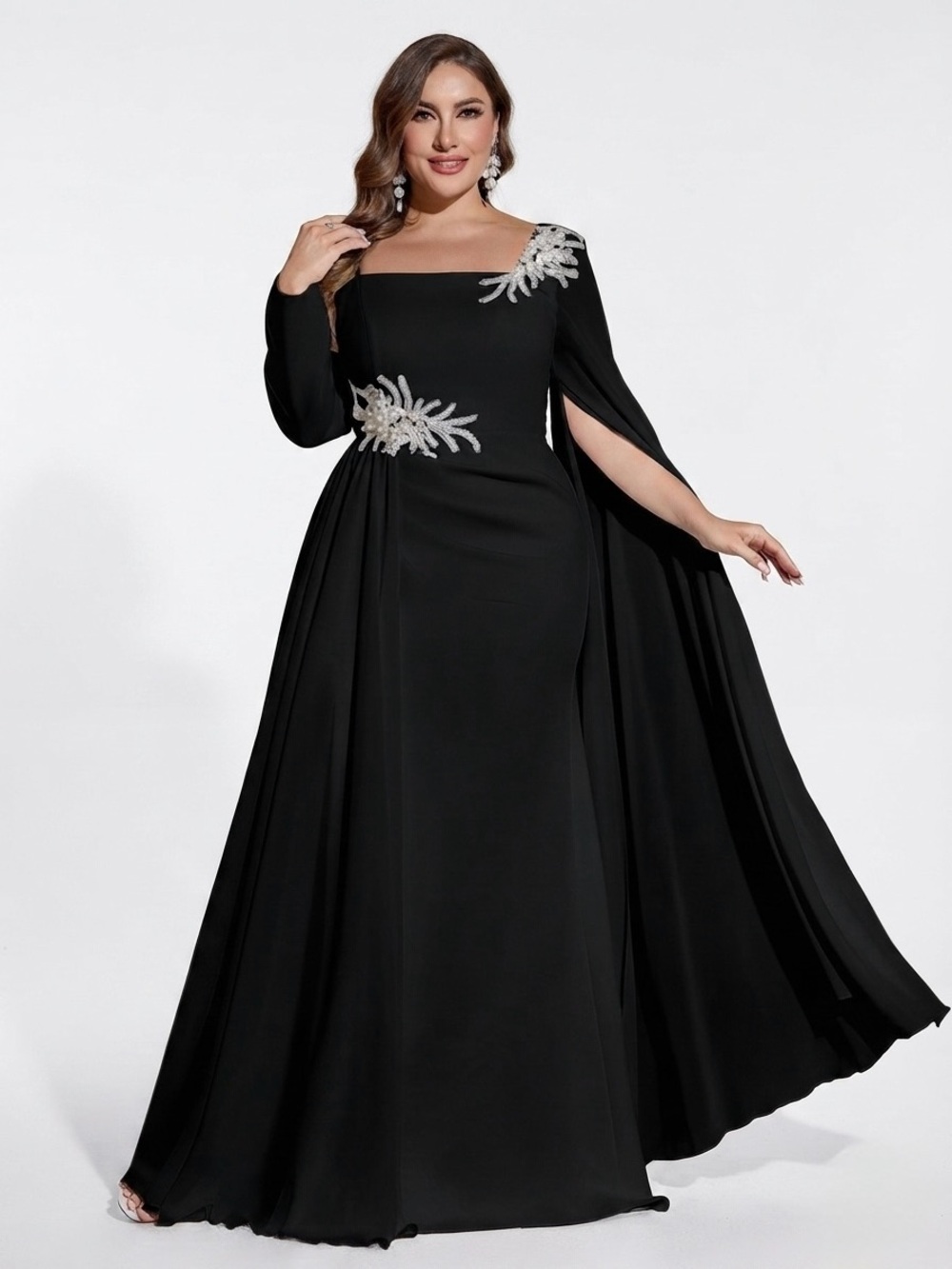 Black Silver Plus Size Embellished One Cold Shoulder Formal Evening Gown Sz 18